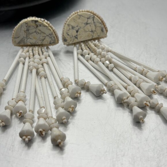 VTG Clip-On Earrings w/ White Marble & Sparkly Stone Beads Long Chandeliar - Picture 6 of 10